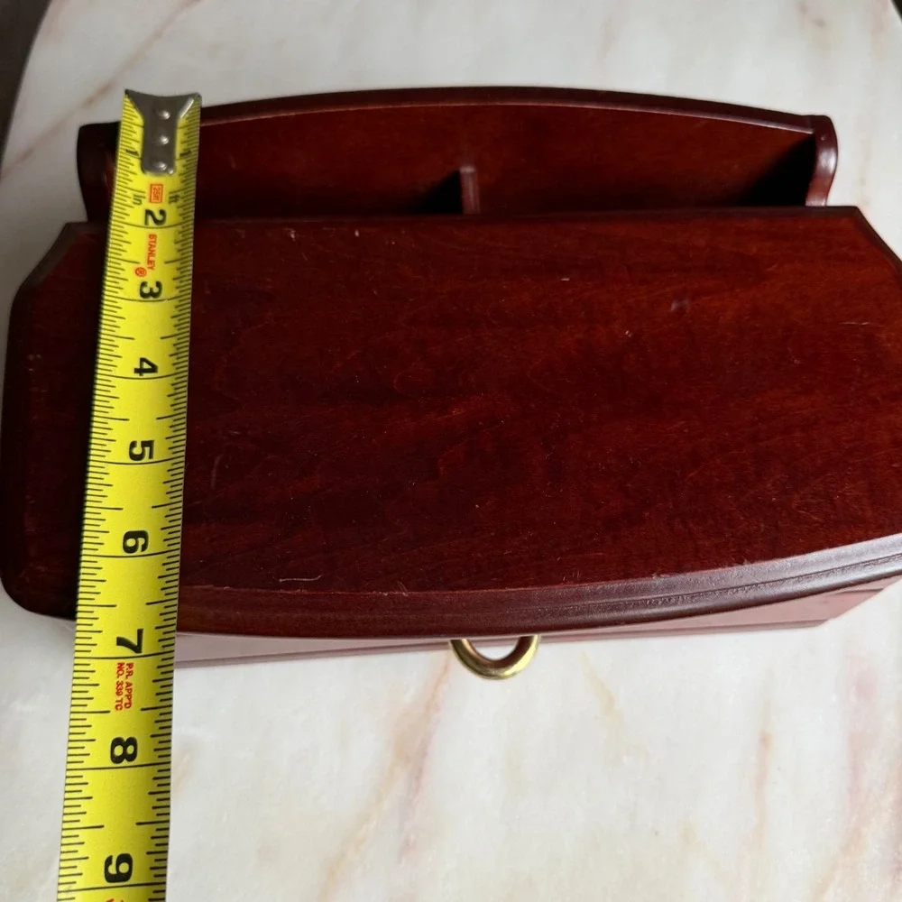 Vintage Cherry Wood Jewelry Box Mirror Green Velvet Lining Drawer Gold Hardware